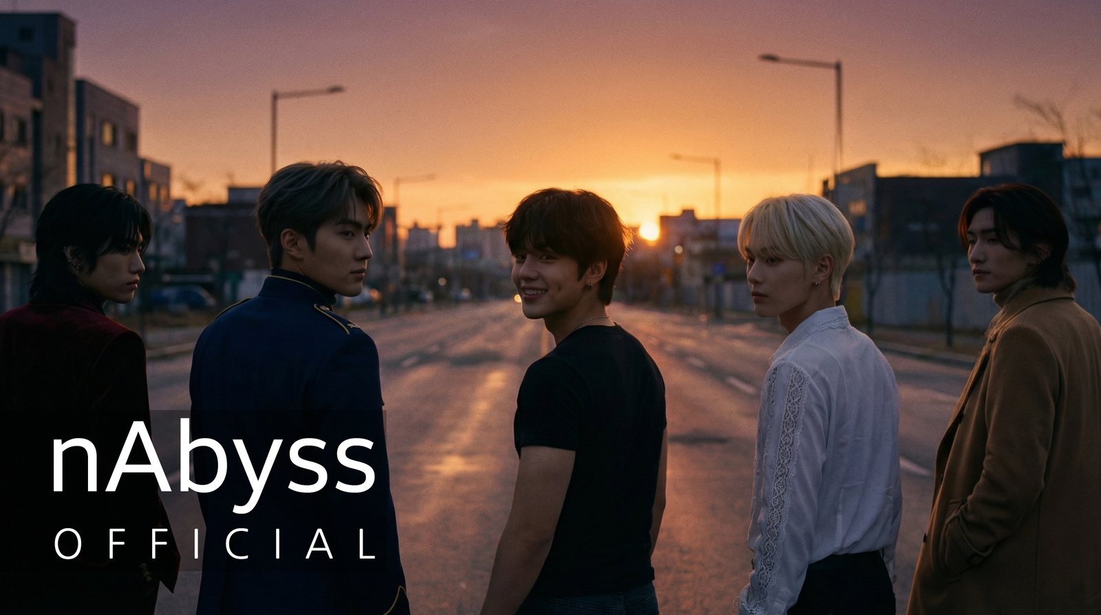 해 질 녘 도로에서 뒤돌아보는 DAMBE 다섯 사람