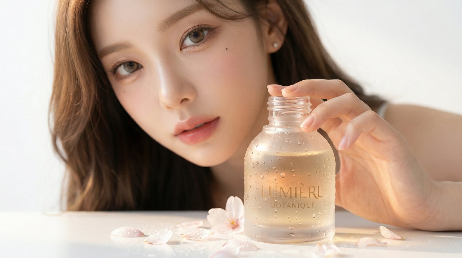 화장품 병을 앞에 두고 카메라를 보는 설아